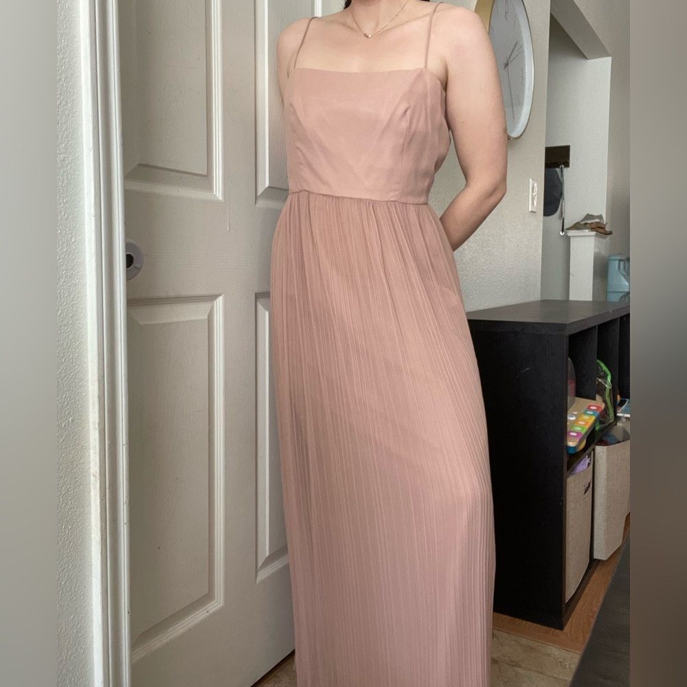 Vintage 70s Chiffon‎ Classic Pleated Maxi Dress Formal Gown Sz 6 Blush pale pink